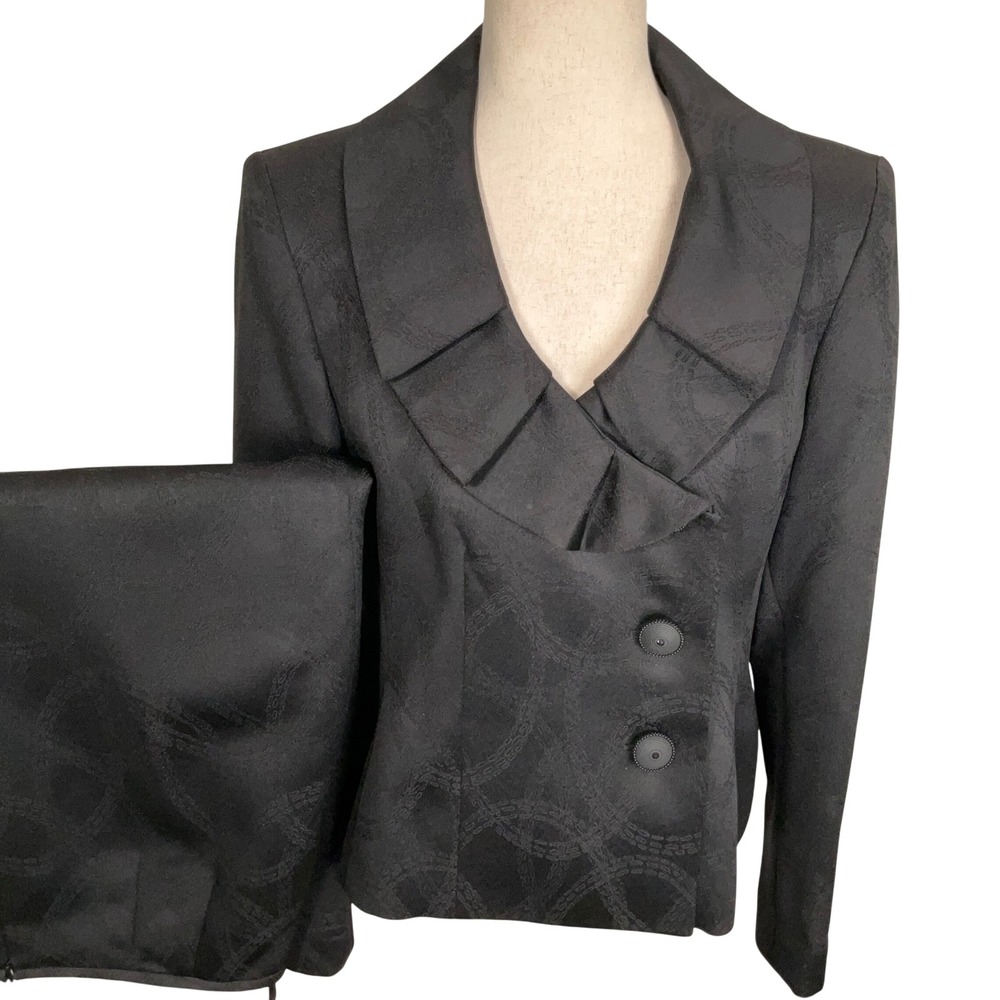 Evan-Picone Skirt Suit Women 10 Black Circle Ruffle Jacquard Formal Career Y2K